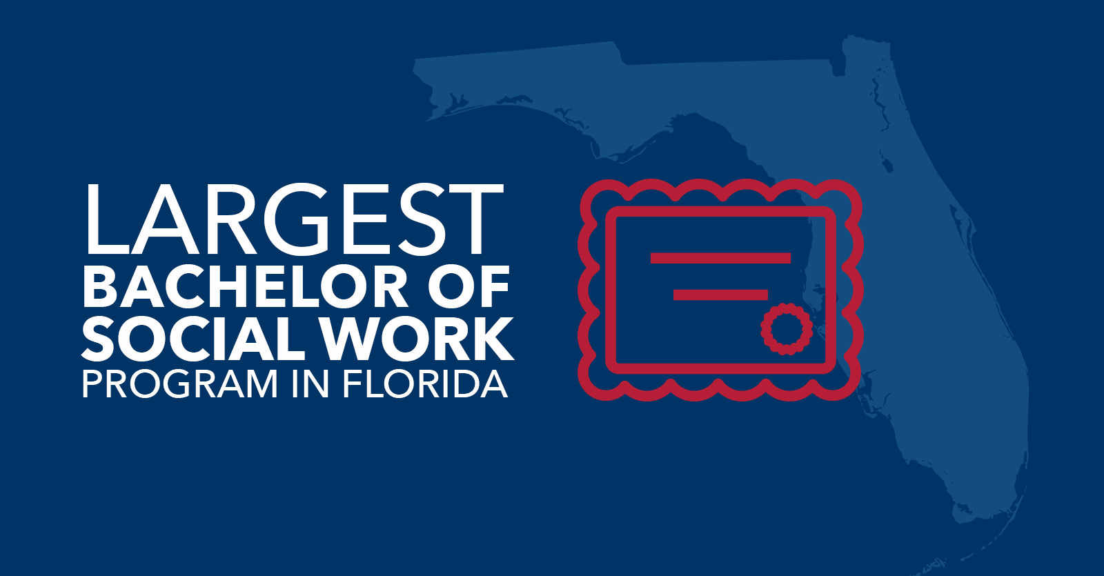 Text reading 'Largest Bachelor of Social Work Program in Florida' with the outline of Florida and a certificate