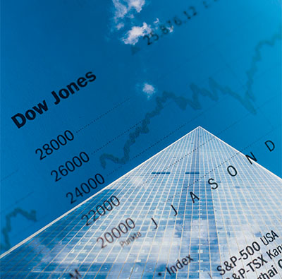 blue background with a tall building with data floating across it