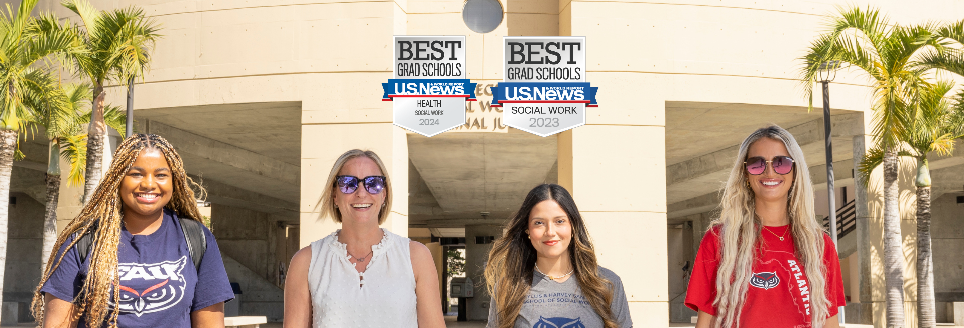 Four Female Students in front of the Social Sciences building with US Ranking Badges on the image