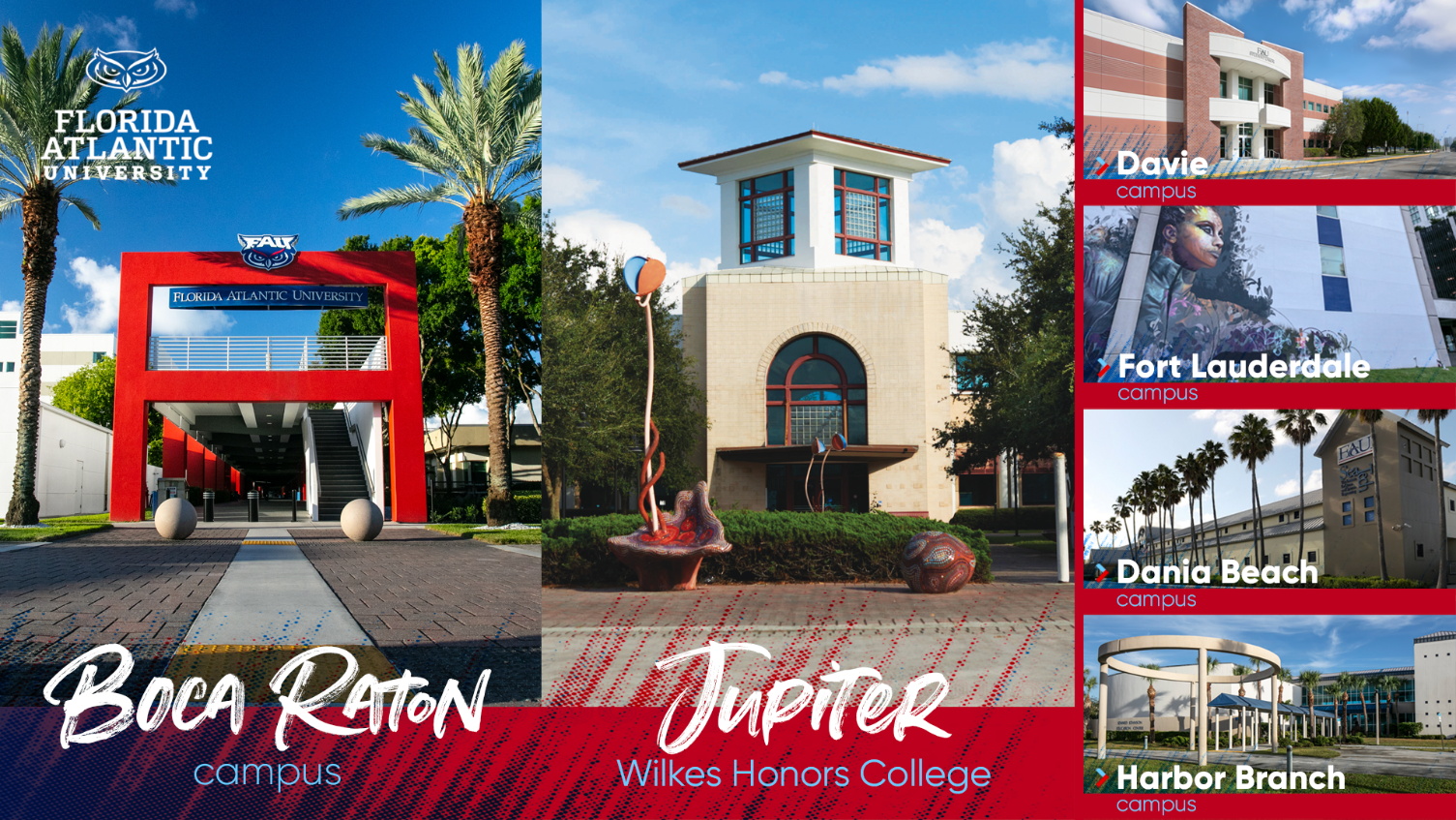  Graphic showcasing multiple Florida Atlantic University campuses, including Boca Raton, Jupiter Wilkes Honors College, Davie, Fort Lauderdale, Dania Beach, and Harbor Branch. The image promotes FAU’s virtual campus tour