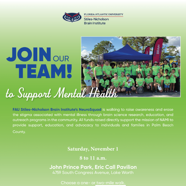 a green flyer stating 'Join our team to support mental health' in blue letters with a picture of 2 rows of people huddled wearing bright green t-shirts.